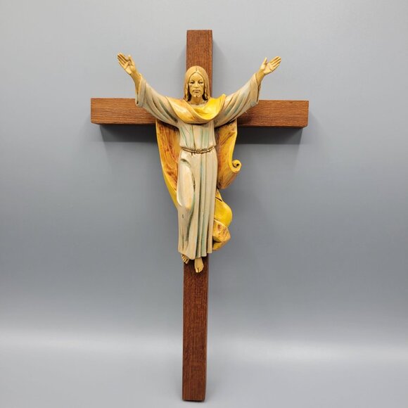 Vintage Wooden Cross Jesus Christ Figure Italy Wall Hanging Religious Decor 1984 - Picture 1 of 8